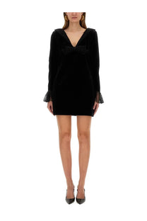 Nina Ricci women’s black velvet mini dress with sailor collar, front bow detail, and lace-trimmed cuffs
