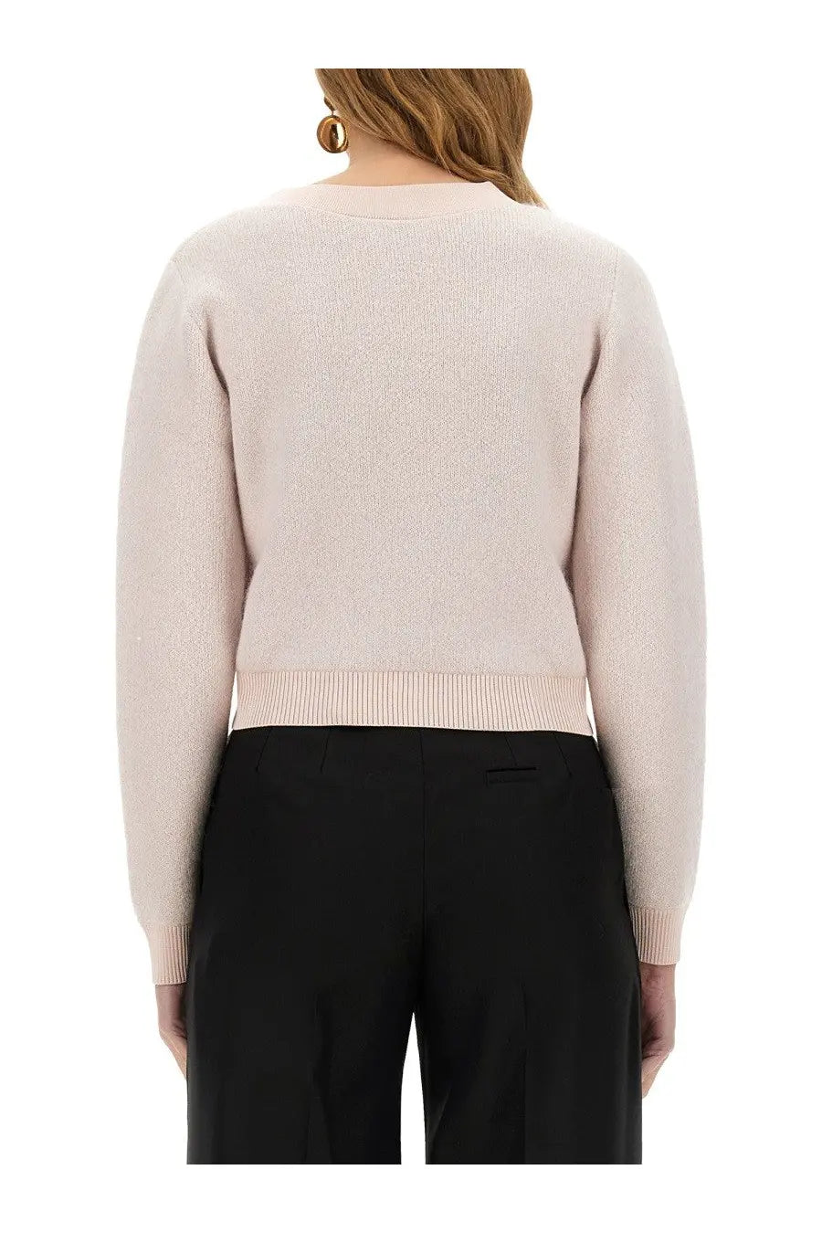 Nina Ricci women’s mohair cardigan in beige shown as a soft blush pink cropped knit sweater with ribbed hems and cuffs