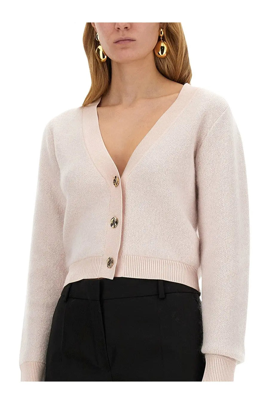 Nina Ricci women’s beige mohair cardigan with soft blush pink long sleeves v-neck and ribbed cuffs
