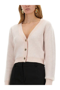 Nina Ricci women’s beige mohair cardigan with soft blush pink long sleeves v-neck and ribbed cuffs
