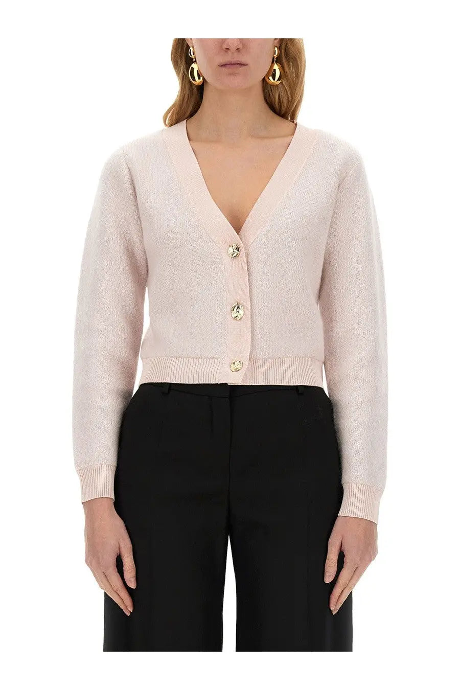 Nina Ricci women’s mohair cardigan in soft blush pink with v-neck ribbed hem cuffs and decorative buttons