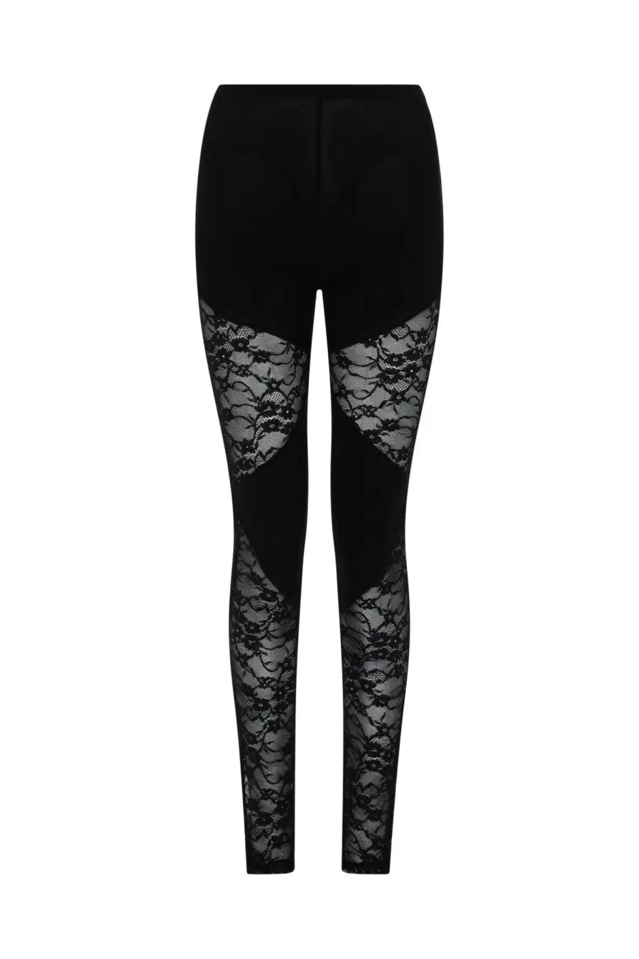Nina Ricci women’s black leggings with intricate lace panels along the outer thighs and lower legs