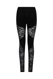 Nina Ricci women’s black leggings with intricate lace panels along the outer thighs and lower legs