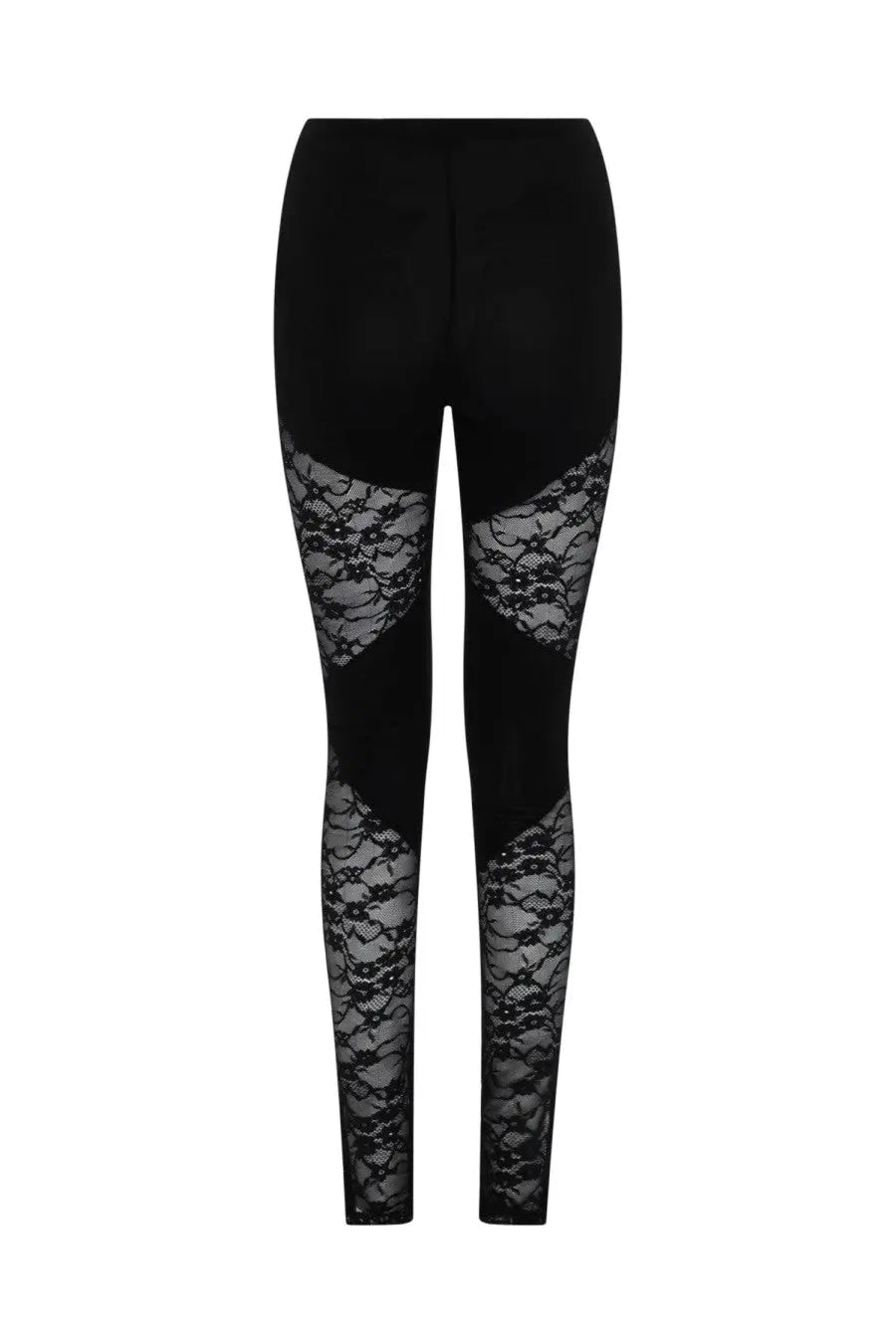 Nina Ricci women’s black leggings with sheer floral lace patchwork panels on thighs and lower legs