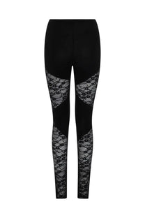 Nina Ricci women’s black leggings with sheer floral lace patchwork panels on thighs and lower legs