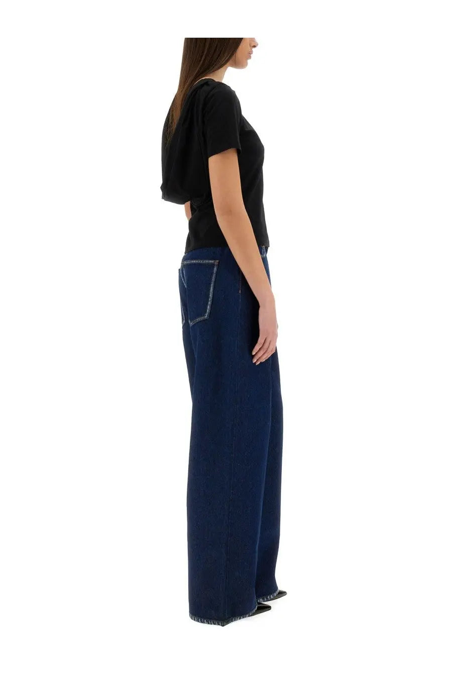 Dark blue wide-leg denim trousers with contrasting light stitching on back pockets shown from the back side
