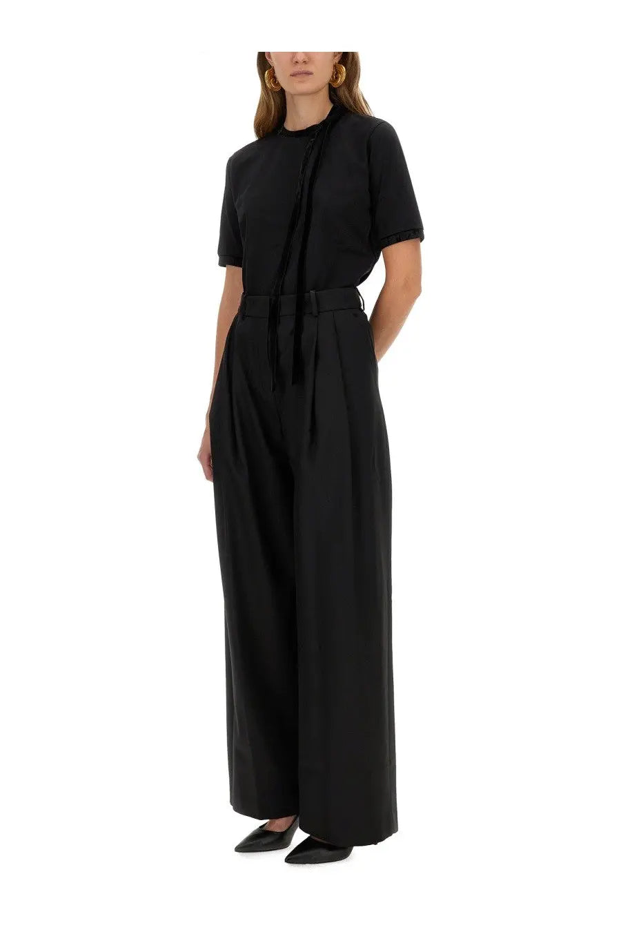 Black high-waisted wide-leg trousers with pleated front and matching belt from nina ricci womens shirt collection