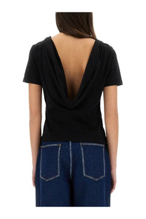 Black short-sleeved Nina Ricci women’s shirt with deep cowl neckline and draped back detail shown from back side