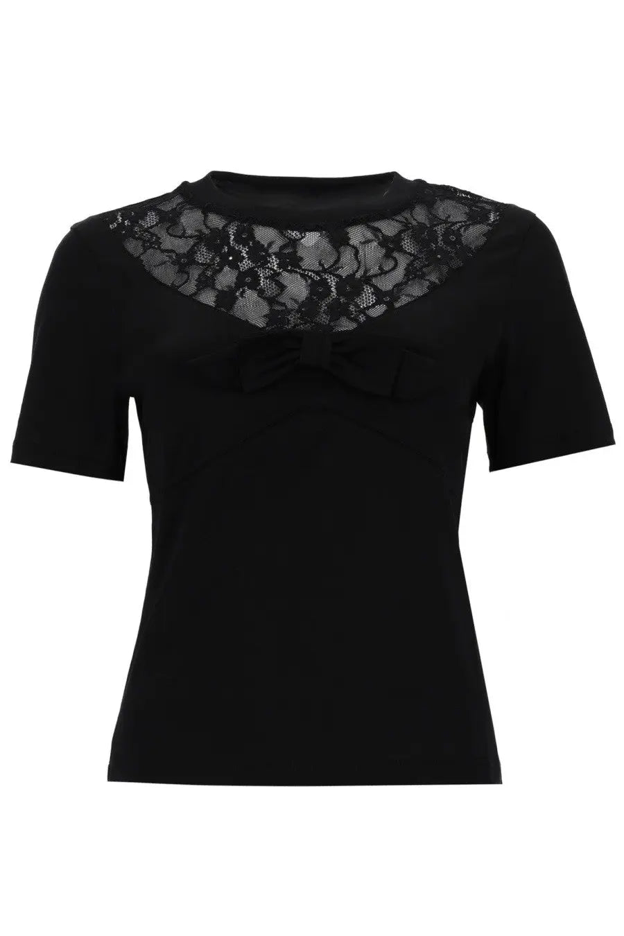 Nina Ricci women’s black short-sleeved shirt with intricate lace shoulders and matching bow at neckline