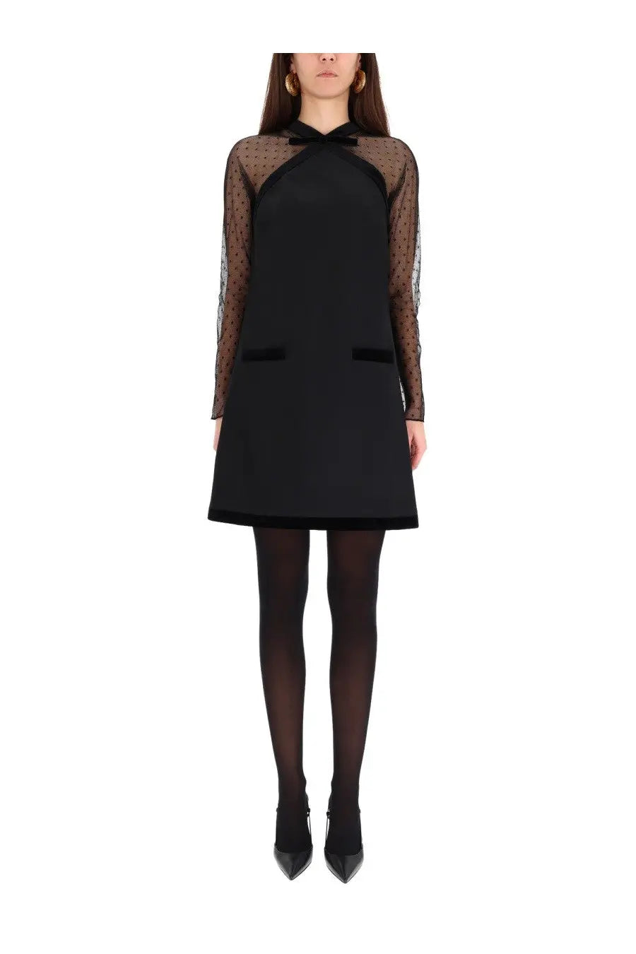 Nina Ricci women’s short sleeveless black dress with sheer polka-dot sleeves and velvet-trimmed neckline