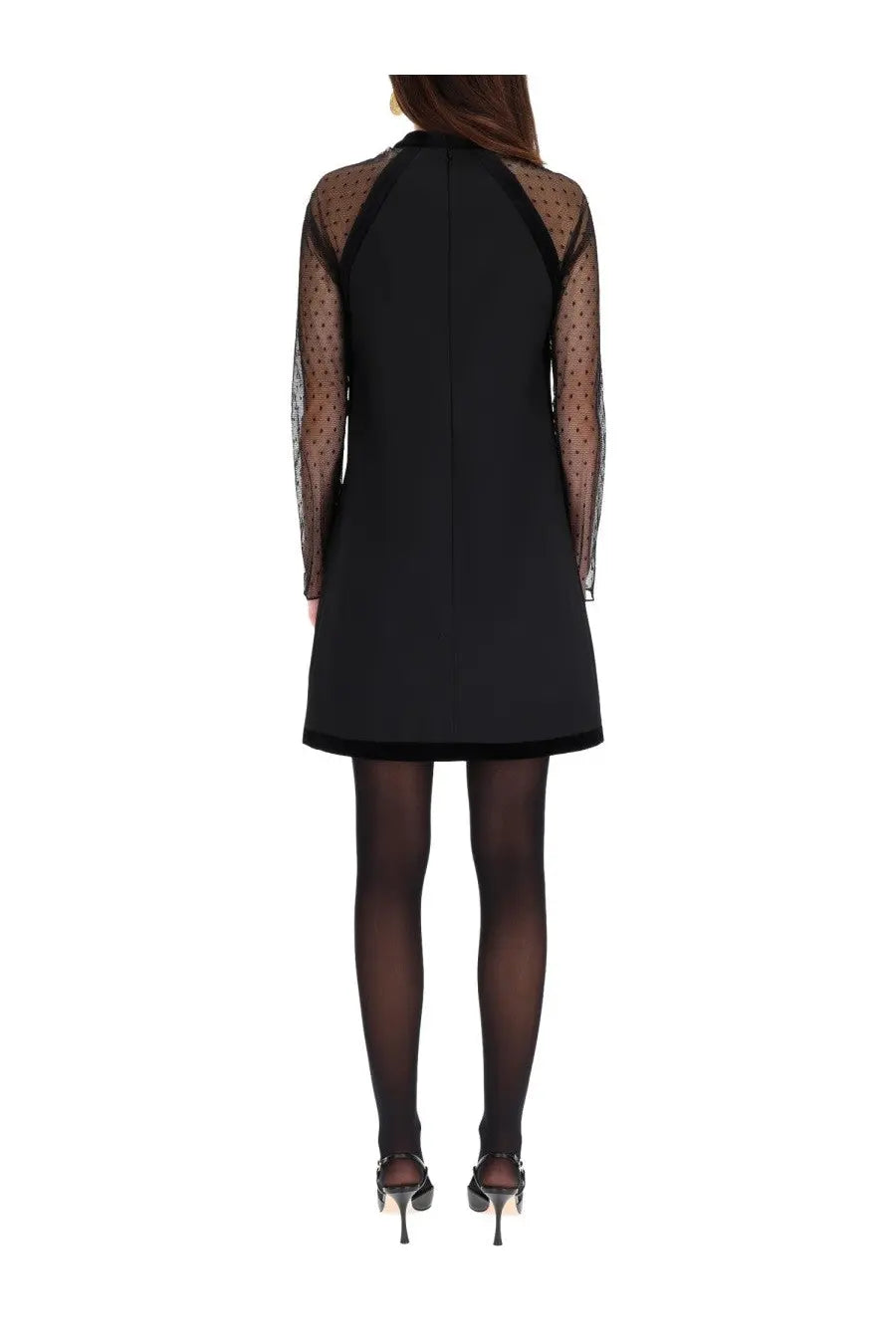 Nina ricci women’s short sleeveless black dress with sheer polka-dot sleeves and sleek fitted silhouette