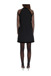 Nina ricci women’s short sleeveless black dress with sheer polka-dot sleeves and sleek fitted silhouette