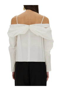 Nina Ricci womens off shoulder white blouse with sheer ruched fabric and thin spaghetti straps