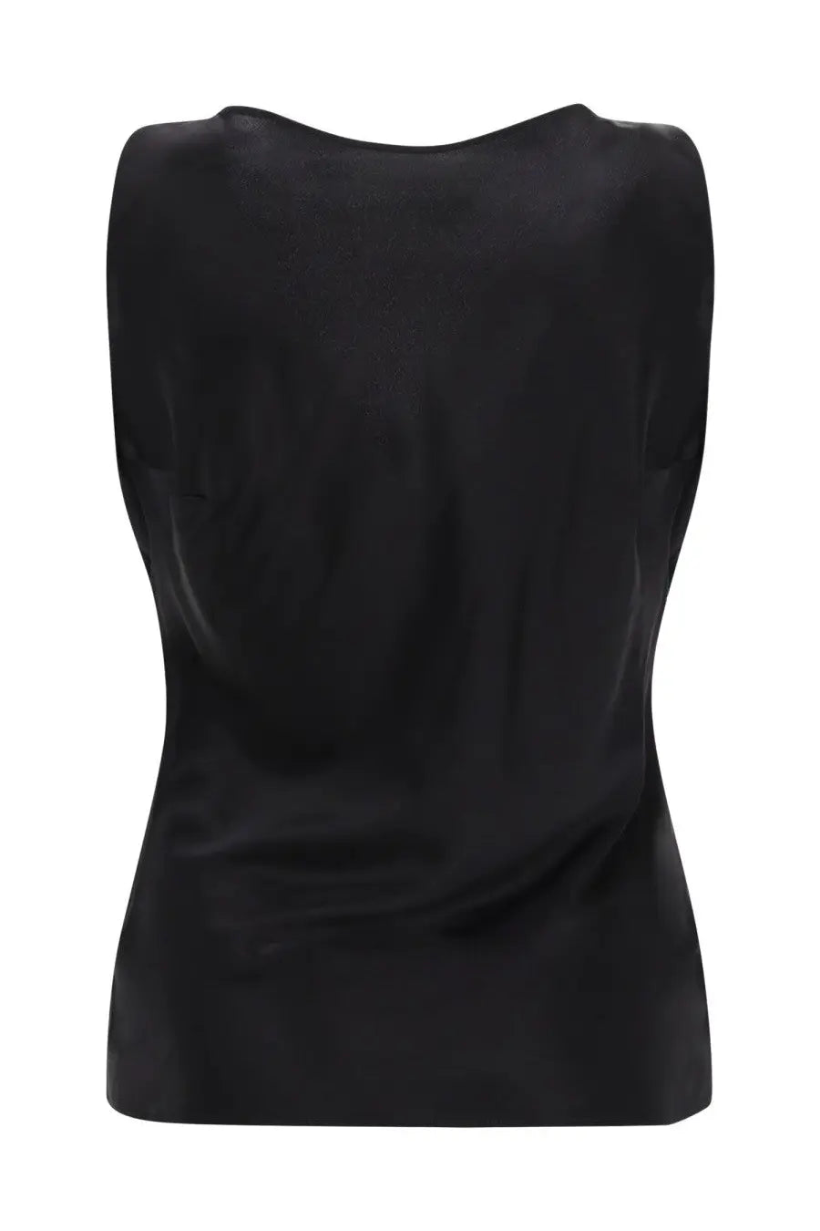 Nina Ricci women’s black silk draped sleeveless top with a smooth glossy finish and rounded neckline