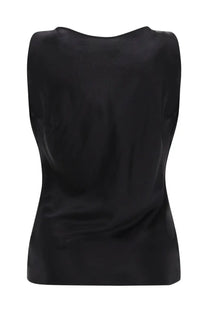 Nina Ricci women’s black silk draped sleeveless top with a smooth glossy finish and rounded neckline