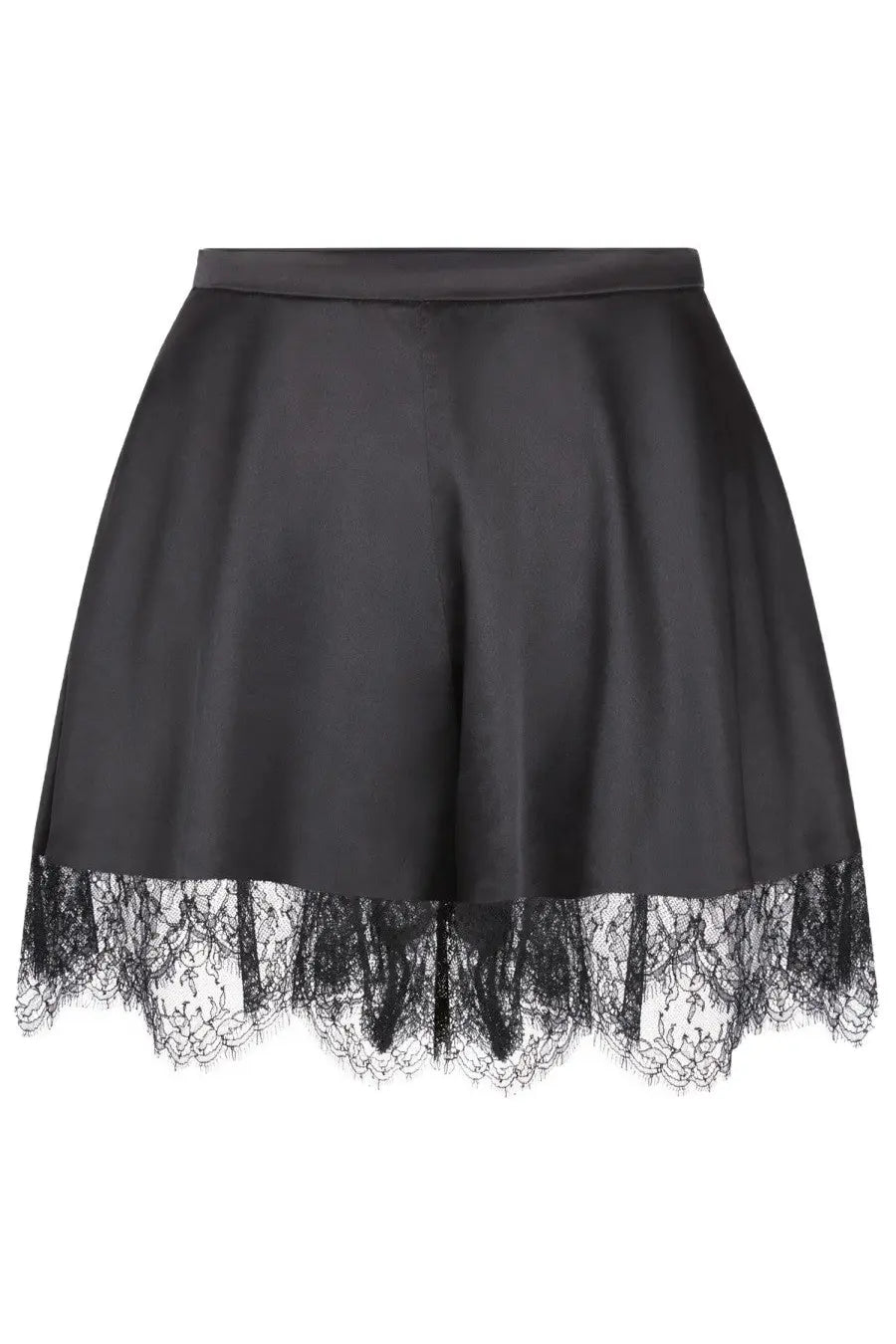 Nina Ricci women’s black silk mini shorts featuring delicate black lace trim along the hem