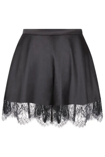 Nina Ricci women’s black silk mini shorts featuring delicate black lace trim along the hem