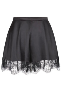 Nina Ricci women’s black silk mini shorts with delicate black lace trim at the hem