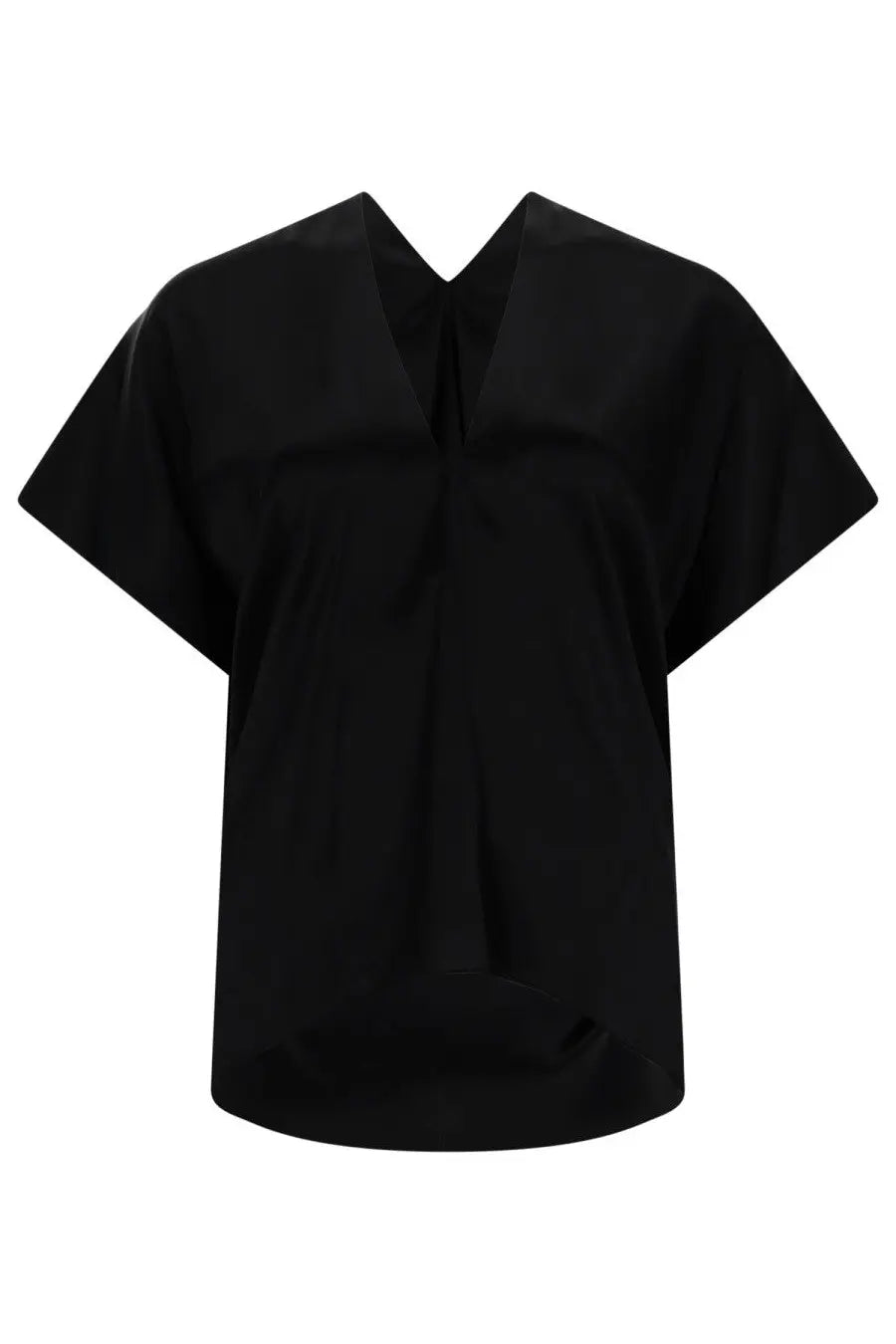 Black satin blouse by nina ricci with v-neck and short wide sleeves in silk material