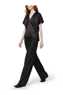 Nina Ricci women’s black silk top with short flutter sleeves and v-neckline in smooth satin fabric