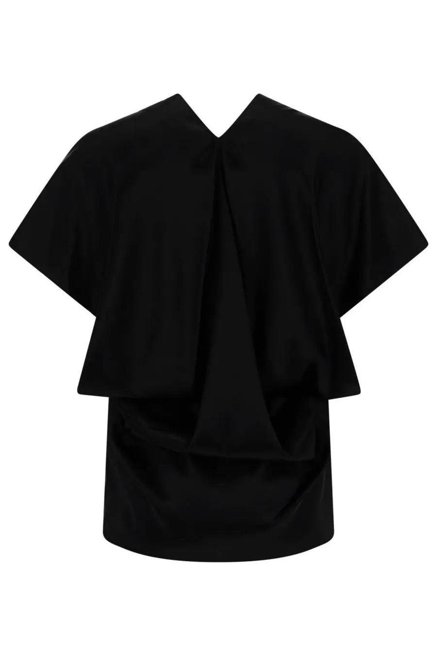 Black short-sleeved Nina Ricci women’s silk top with v-neck and layered flowing fabric design