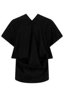 Black short-sleeved Nina Ricci women’s silk top with v-neck and layered flowing fabric design