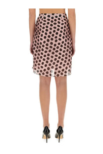 Nina Ricci women’s blue skirt featuring sheer flowing fabric with pink polka dot midi design and black dots