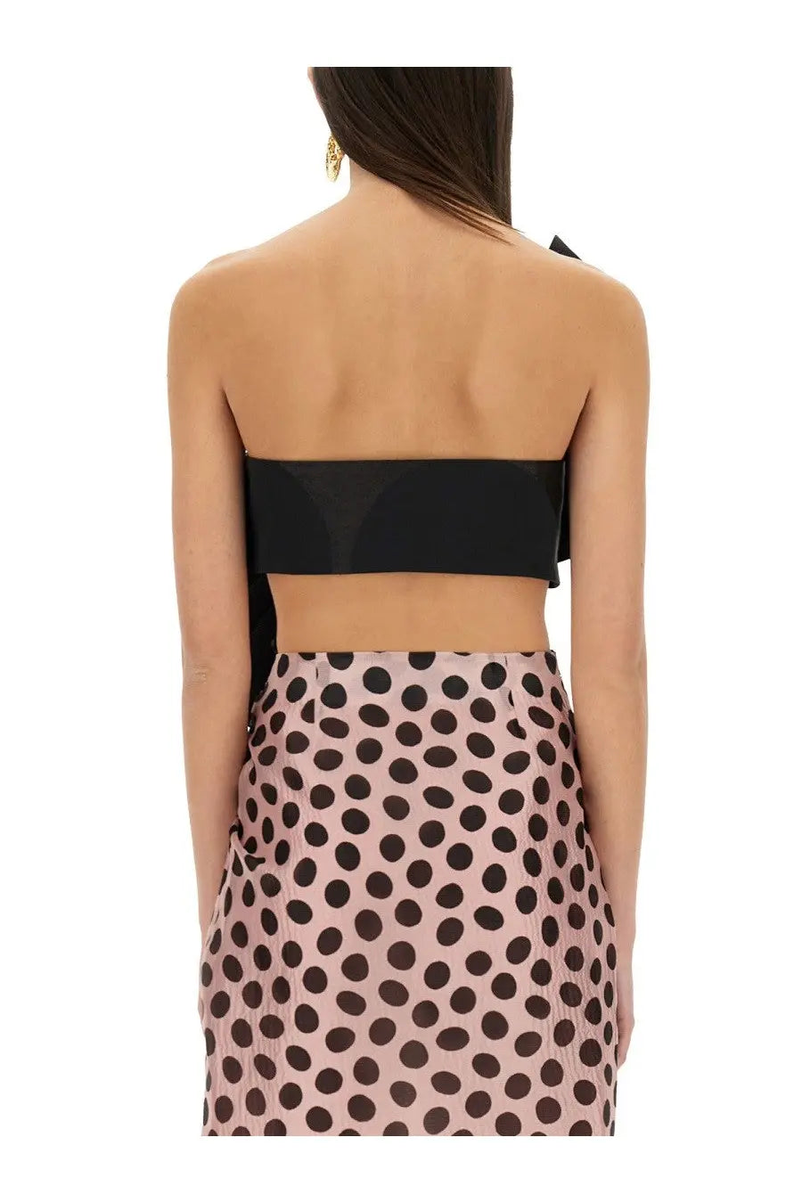 Nina Ricci women’s black satin bandeau top with sleek strapless design featuring twisted polka dots pattern