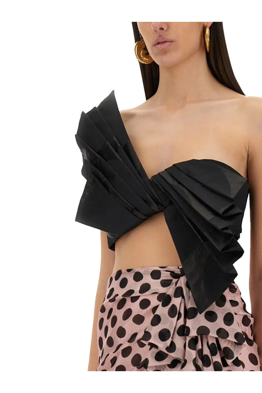 Black satin one-shoulder crop top with dramatic ruffled detailing by Nina Ricci women’s twisted polka dots top black