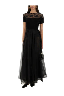 Nina Ricci women’s black lace and chiffon maxi dress with short sleeves featuring a voluminous maxi skirt