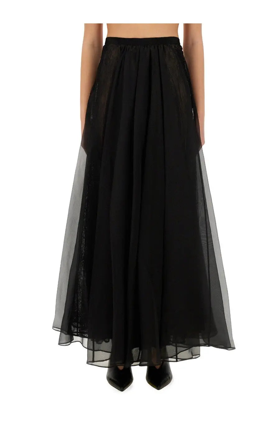 Nina ricci women’s black pleated maxi skirt with sheer overlay panels for elegant and voluminous style