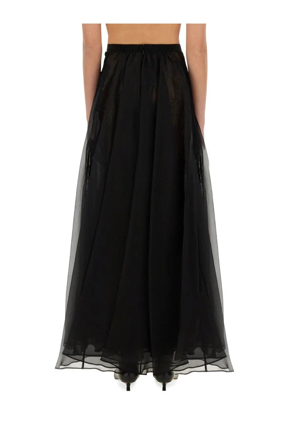 Nina Ricci women’s black sheer tulle maxi skirt with high-waisted elastic band and layered flowing hem