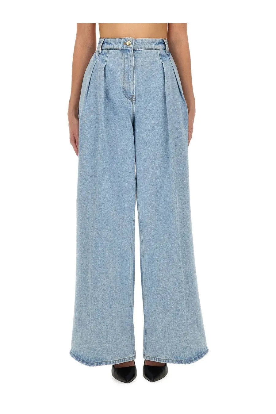Nina ricci women’s wide jeans in light-wash denim with high-rise pleated front and classic button closure