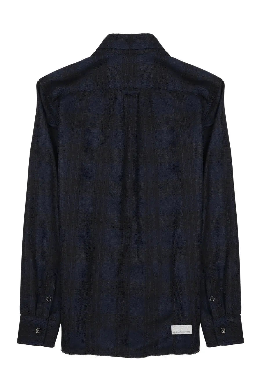 Dark navy blue men’s button-up shirt with subtle textured weave and finished cuffs from Nine:Inthe:Morning Camicia Giosué