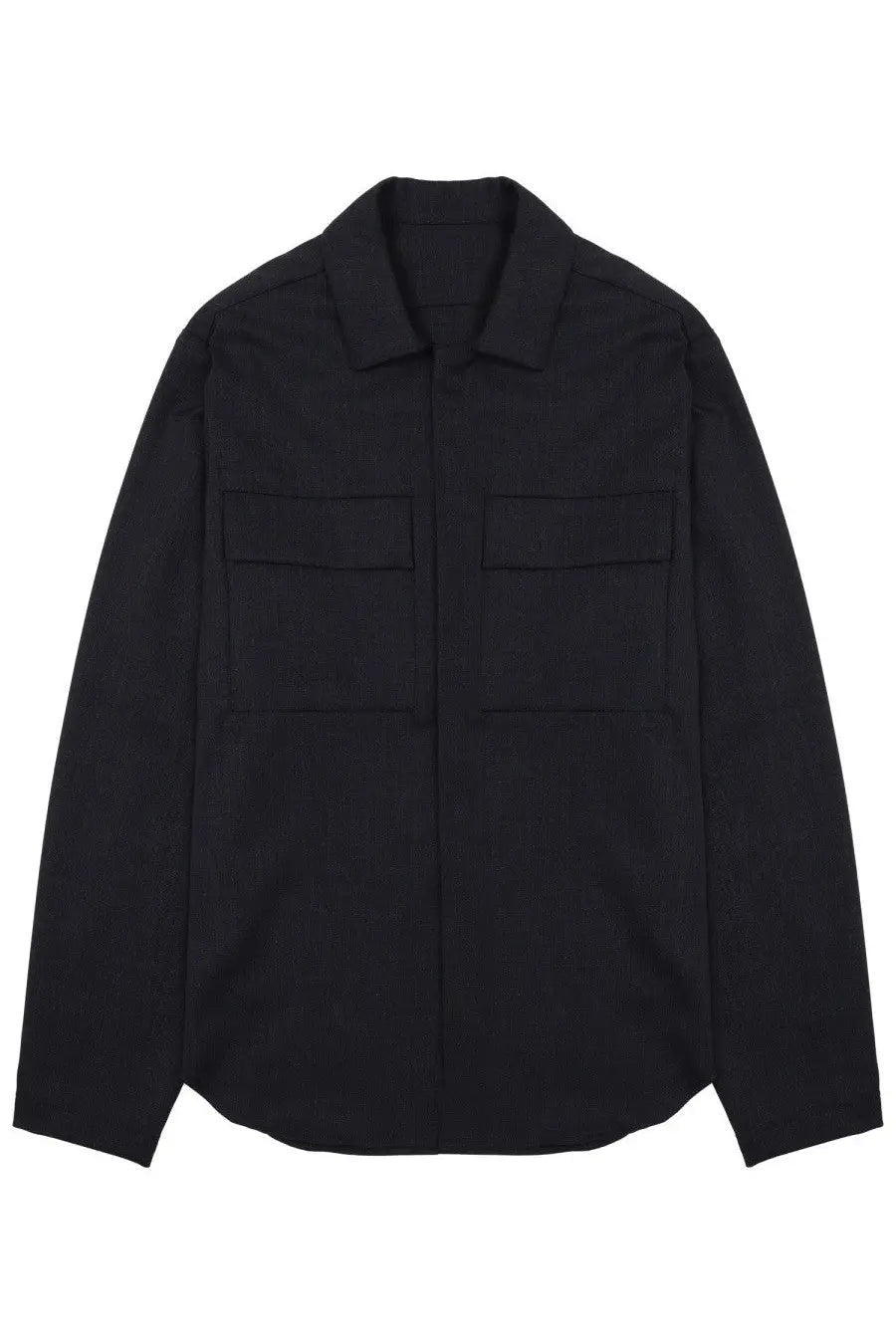 Black long-sleeved button-up shirt with two front patch pockets and classic collar in nineinthe morning mens giacca freud blue