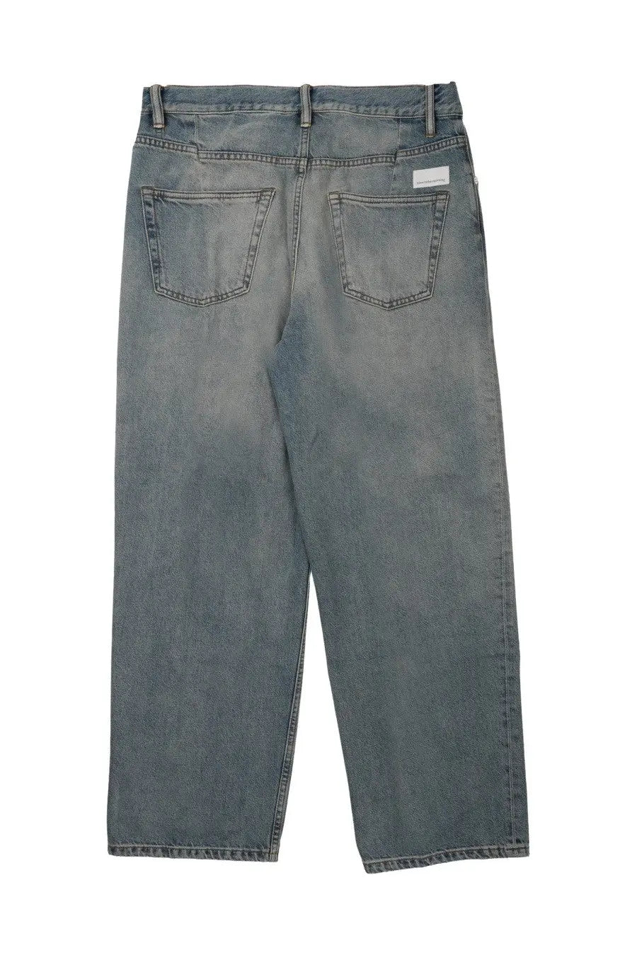 Back view of nineinthe morning men’s dark gray denim loose fit jeans with classic back pockets