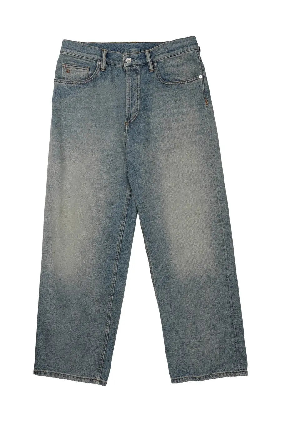 Nine Inthe Morning men’s loose fit wide-leg denim jeans in faded blue wash with subtle distressing and reinforced stitching