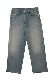 Nine Inthe Morning men’s loose fit wide-leg denim jeans in faded blue wash with subtle distressing and reinforced stitching