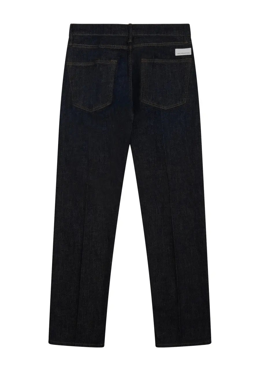 Dark-wash denim jeans with straight-leg cut and classic back pockets shown from the back by nine:inthe:morning