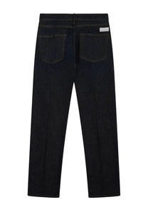 Dark-wash denim jeans with straight-leg cut and classic back pockets shown from the back by nine:inthe:morning