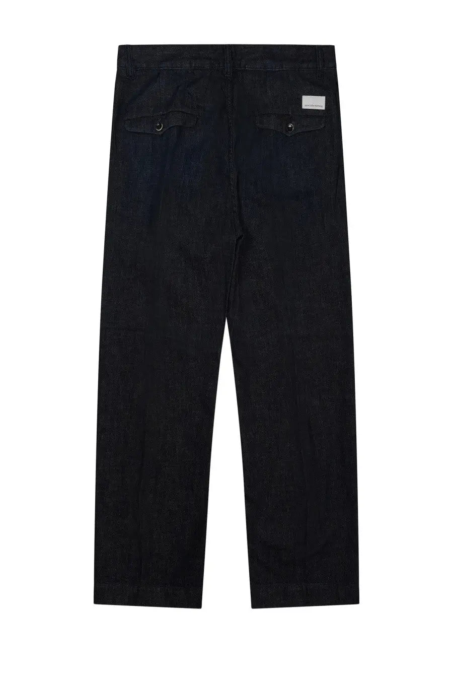Back view of nineinthe morning men’s dark indigo denim chino trousers with patch pockets and white label on right pocket
