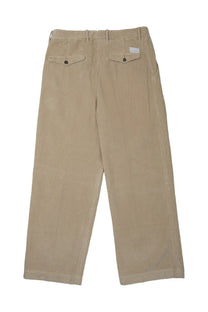 Beige corduroy mens pantalone with vertical ribbed texture and two back pockets by nineinthe morning