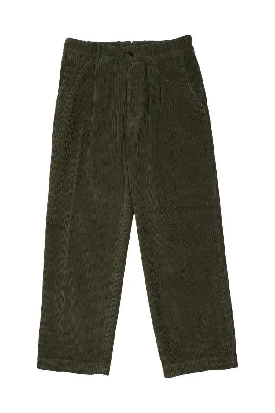 Dark olive green corduroy trousers with classic pleated front and button closure by Nine Inthe Morning
