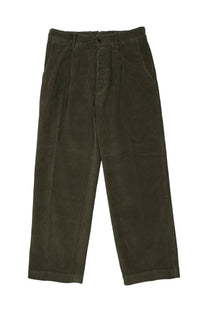 Dark olive green corduroy trousers with classic pleated front and button closure by Nine Inthe Morning