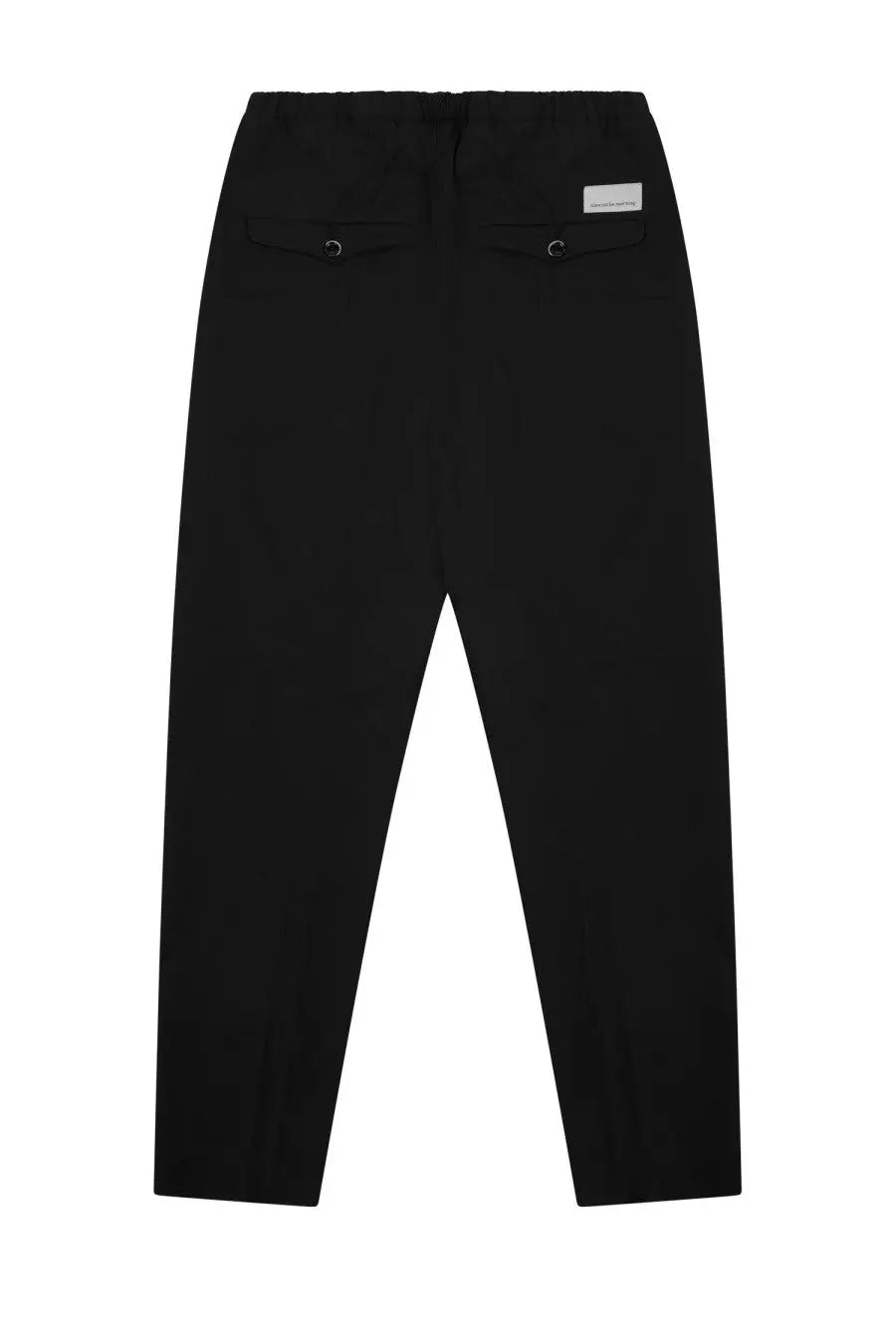 Back view of nine intime morning men’s black tapered trousers with drawstring waist and metal ring back pockets