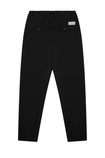 Back view of nine intime morning men’s black tapered trousers with drawstring waist and metal ring back pockets