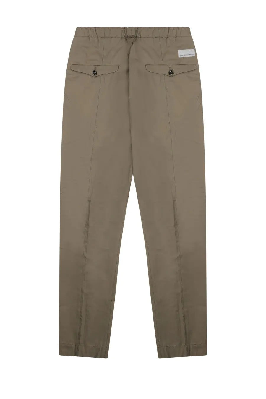 Beige chino trousers with drawstring waistband and two front pockets with dark button closures from Nine Inthe Morning