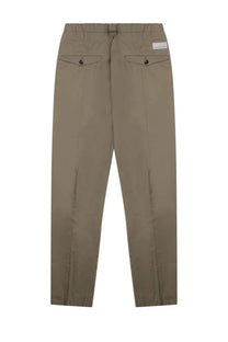 Beige chino trousers with drawstring waistband and two front pockets with dark button closures from Nine Inthe Morning