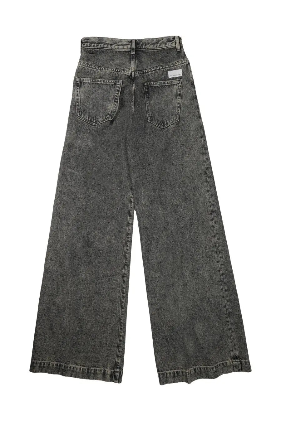 Nine:inthe:morning women’s wide-leg denim jeans in dark gray faded wash with classic back pockets shown from back side