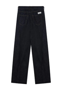 Dark indigo denim nineinthe morning women’s jeans audrey blue with straight leg cut and classic back pockets visible from back